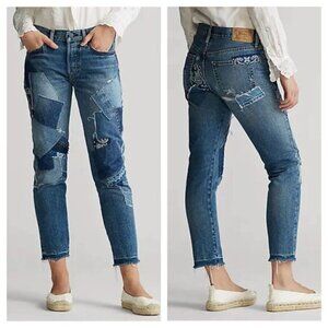 RARE** Polo Ralph Lauren Avery Indigo Patchwork Distressed Boyfriend Jean Sz 28